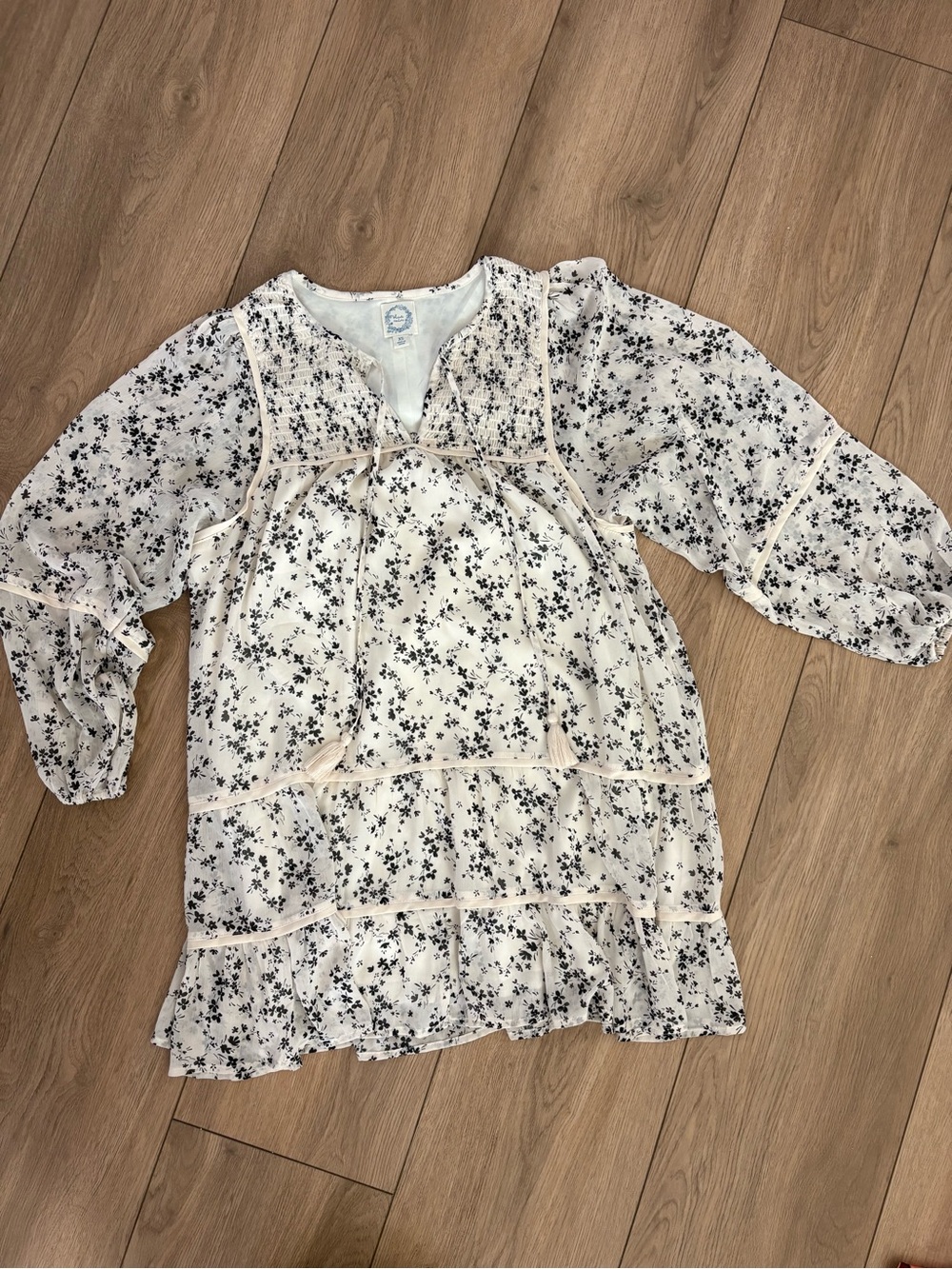 Blue Rain White Floral Long-Sleeve Peasant Dress
